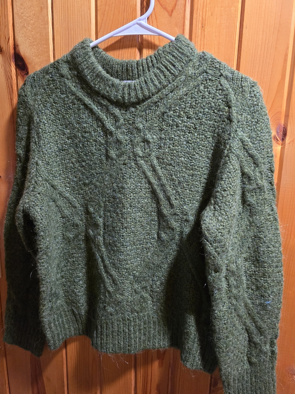 Olive Green Cable Knit Crew Neck Sweater and blanket Scarf Combo S
